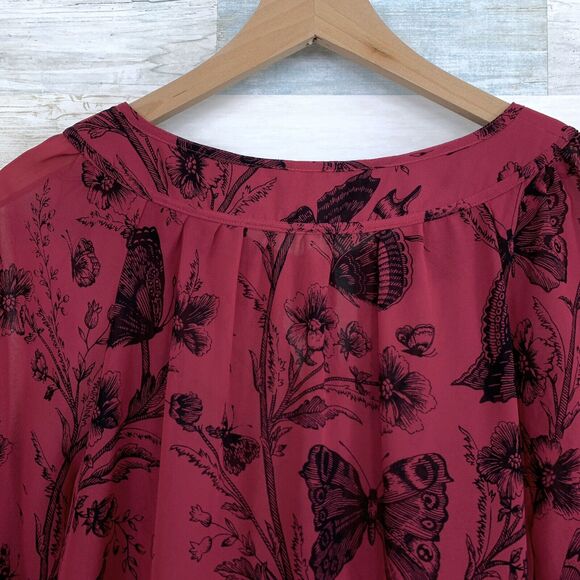 LOFT Floral Butterfly Peasant Blouse Pink Sheer Tie Neck Keyhole Womens Medium - Picture 8 of 10